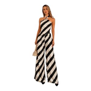 Conjunto Blanco Y Negro Rayado Halter Con Pierna Amplia Chic