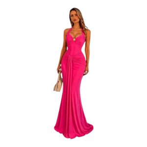 Vestido Fucsia Maxi Halter Con Drappeado Elegante Y Silueta Sirena