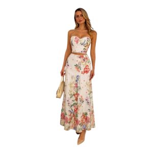 Conjunto Floral Strapless Con Crop Top Y Falda Midi Romántica