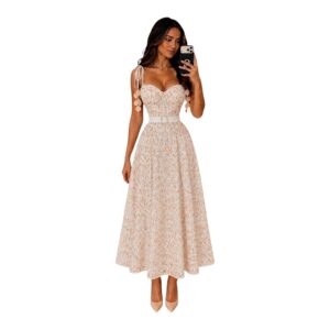 Vestido Midi Beige De Encaje Con Tirantes Ajustables Y Cinturón Elegante