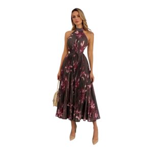 Vestido Midi Plisado Floral Con Cuello Halter Y Cintura Ajustable