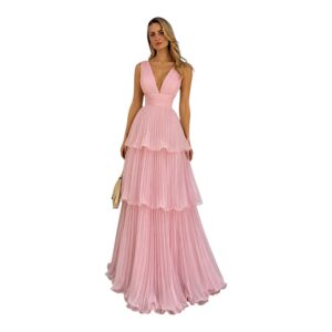 Vestido Rosa Plisado En Capas Con Escote Profundo Y Falda Voluminosa