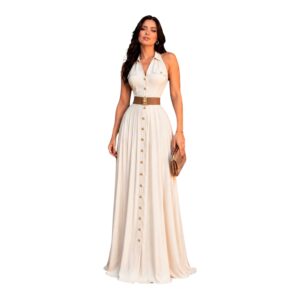 Vestido Largo Marfil Tipo Camisero Con Botones Dorados Y Cinturón