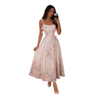 Vestido Midi Floral Rosa Con Tirantes Anudados Y Falda Amplia