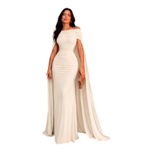 Vestido Ivory Con Capa Fluida Y Drappeado
