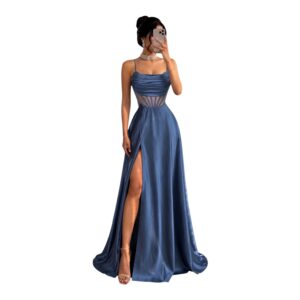 Vestido Azul Acero Satinado Con Corsé Transparente Y Abertura