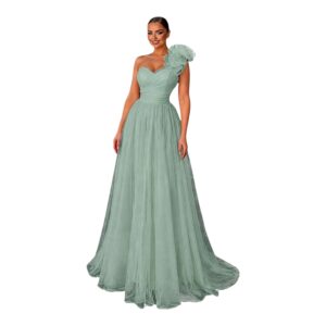 Vestido Verde Salvia De Tul Con Hombro Floral Asimétrico