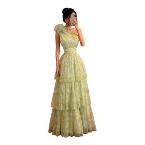 Vestido Verde Agua Estampado Con Hombro Único Y Falda En Capas