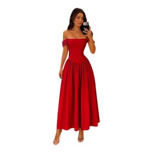 Vestido Rojo Escarlata Con Escote Bardot Y Falda Amplia