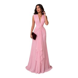 Vestido Rosa Con Escote Profundo Y Detalle Drapeado Central