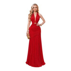 Vestido Rojo Intenso Halter Con Falda Plisada Y Detalle Dorado