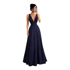 Vestido Azul Marino De Escote Profundo Con Bordados Calados Y Falda Amplia