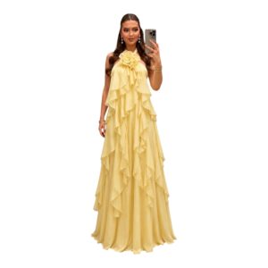 Vestido Amarillo Con Volantes En Cascada Y Flor Al Cuello