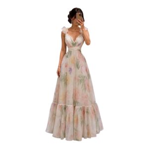 Vestido Floral En Tul Con Escote Cruzado Y Tirantes De Organza