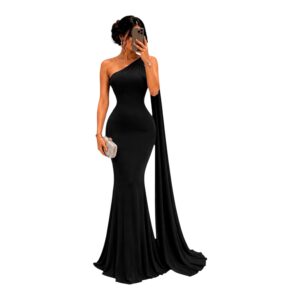 Vestido Negro De Un Hombro Con Capa Fluida Y Corte Sirena