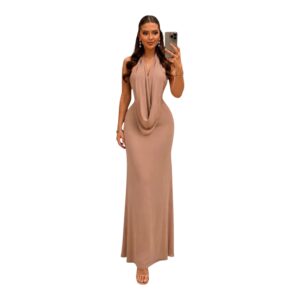 Vestido Largo Beige Arena Con Escote Drapeado Halter