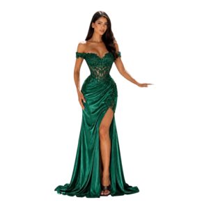 Vestido Largo Verde Esmeralda Satinado Con Bordado Y Abertura Frontal