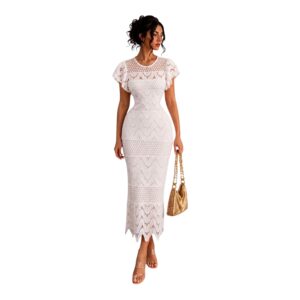 Vestido Midi Blanco De Tejido Calado Con Manga Corta Volante