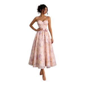Vestido Midi Rosa Pastel Floral Con Corset