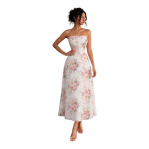 Vestido Midi Blanco Floral Strapless