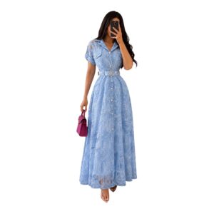 Vestido Maxi Azul Cielo De Encaje Con Cinturón