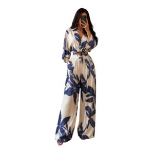 Conjunto Blanco Con Estampado Floral Azul Y Pantalón Palazzo