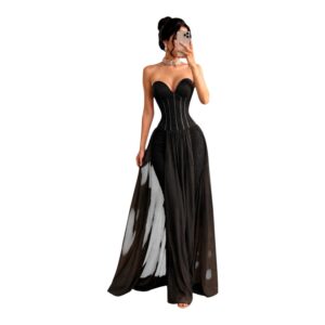 Palazzo De Noche Negro Con Corset Y Capa De Gasa