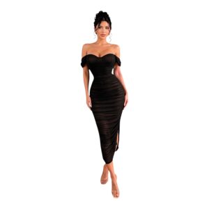Vestido Midi Negro De Tul Drapeado Con Hombros Descubiertos