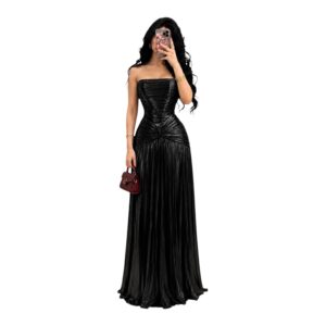 Vestido Maxi Negro Strapless Con Plisado Y Nudo Frontal