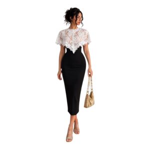 Vestido Midi Negro Con Capa De Encaje Blanco