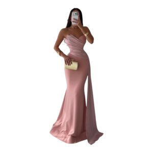 Vestido Rosa Strapless Con Drapeado Asimétrico