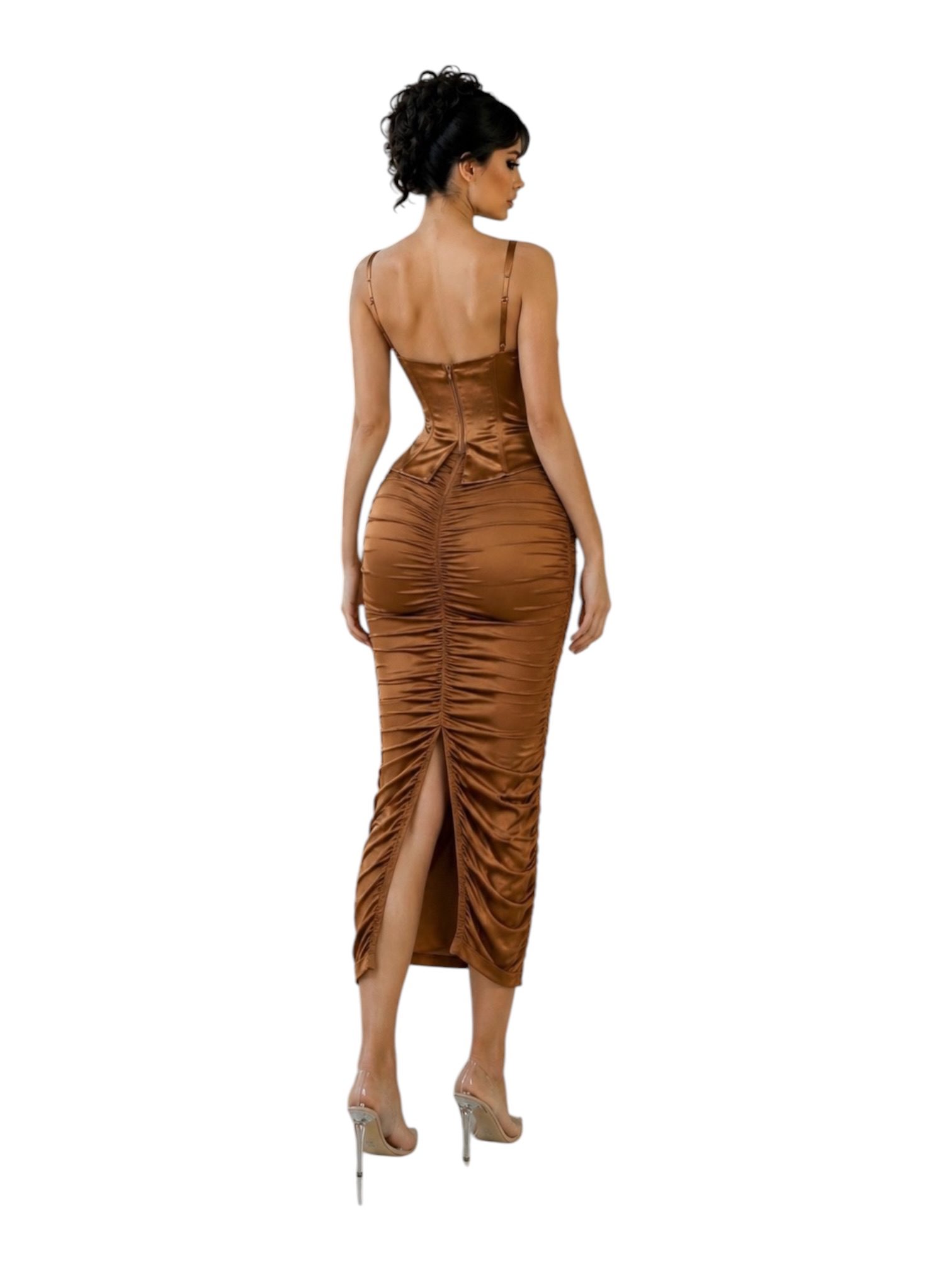 Vestido Cobre Satinado Con Corset Estructurado Y Falda Fruncida - Image 3
