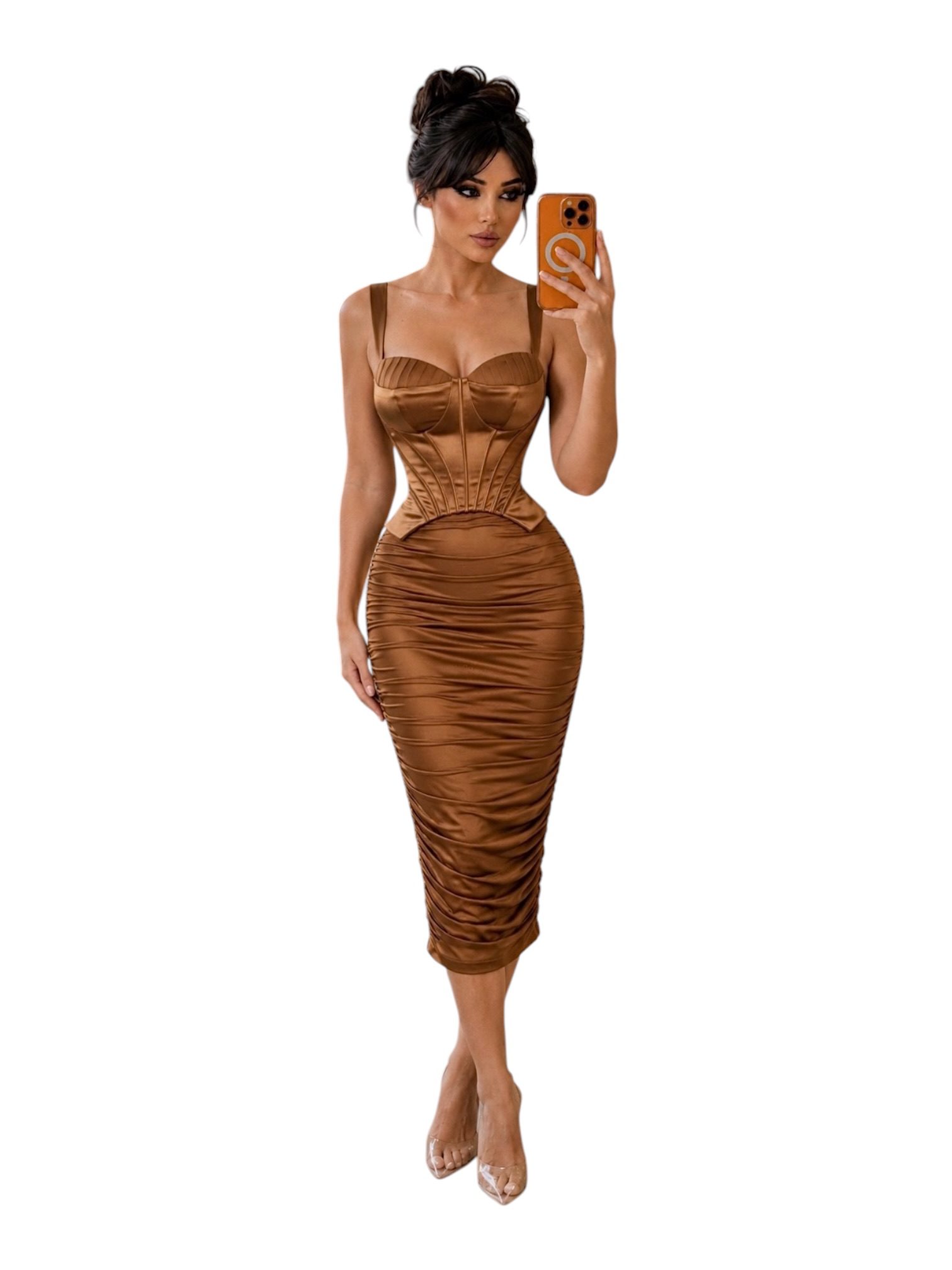 Vestido Cobre Satinado Con Corset Estructurado Y Falda Fruncida - Image 2