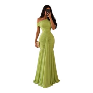 Vestido Verde Drapeado De Hombros Descubiertos