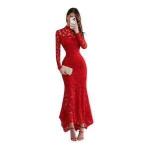 Vestido Rojo De Encaje Floral Con Cuello Alto Y Manga Larga