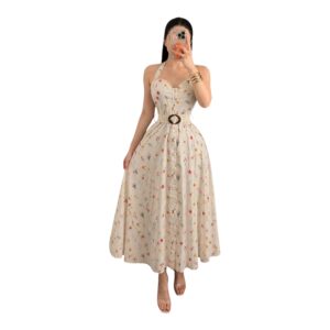 Vestido Blanco Con Estampado Floral, Cinturón Y Tirantes Halter