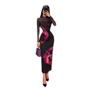 Vestido Negro Con Estampado Floral Fucsia Y Transparencias
