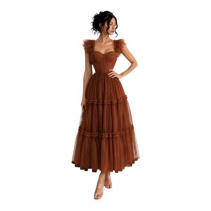 Vestido Terracota De Tul Con Tirantes De Volantes Y Falda En Capas