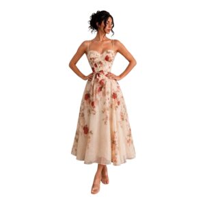 Vestido Midi Marfil Floral Con Corsé Y Tirantes Delgados