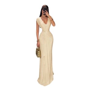 Vestido Marfil Drapeado Con Escote En V