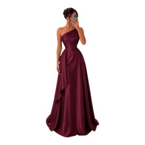 Vestido Vino De Un Hombro Con Falda Satinada