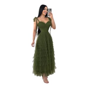 Vestido Midi Verde Olivo De Tul En Capas Con Tirantes Anudados