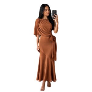 Vestido Midi Cobre Satinado Con Manga Capa Y Lazo Lateral