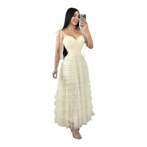 Vestido Midi Marfil De Tul En Capas Con Tirantes Anudados