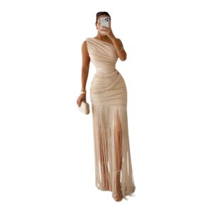 Vestido Beige De Un Hombro Con Flecos Y Detalles Trenzados