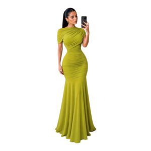 Vestido Verde Fruncido De Un Hombro