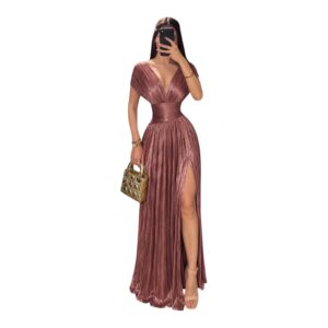 Vestido Color Marsala Metálico Plisado Con Escote Profundo