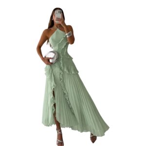 Vestido Verde Menta Plisado Con Olanes
