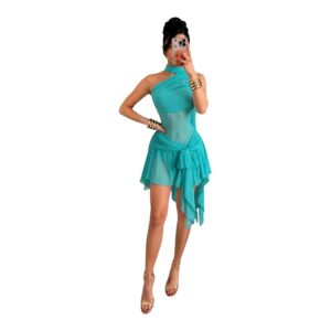 Vestido Turquesa Asimétrico Con Falda Drapeada