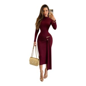 Vestido Vino De Manga Larga Con Fruncido Y Herraje Dorado